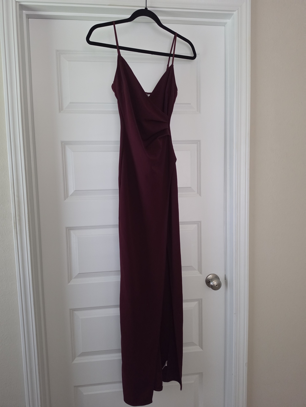 Emerald Sundae Burgundy Slip Maxi Dress with Side Drape High Thigh Slit